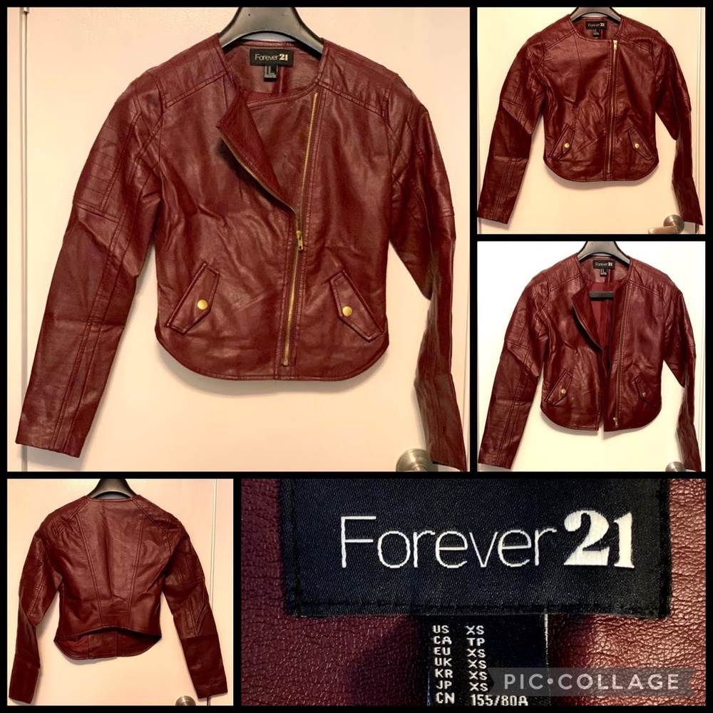 Mint Shape Brownish Vegan Leather Jacket. Forever 21, Size XS. Zipper pockets